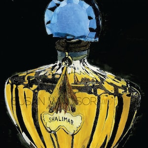 May include: A hand-painted illustration of a vintage perfume bottle with a blue stopper and a gold label that reads "Shalimar". The bottle is sitting on a blue surface.