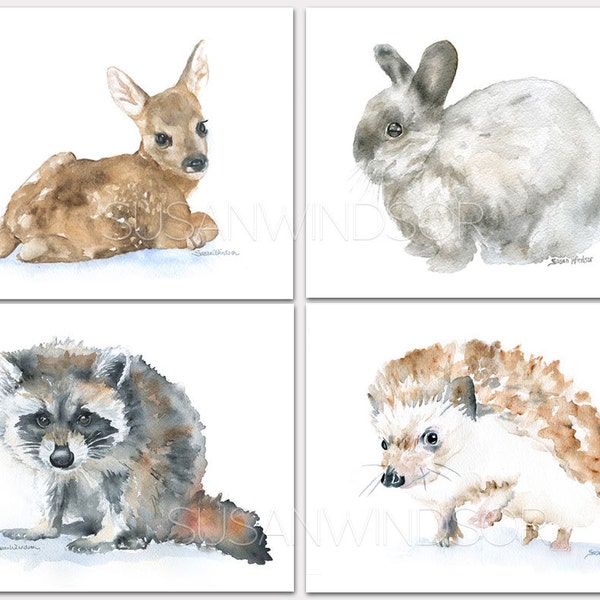 Woodland Animal Watercolor Art Prints Set of 4 Unframed