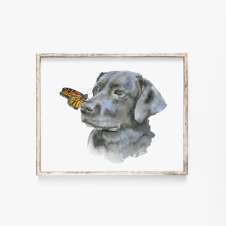 Black Labrador and Monarch Butterfly Watercolor Painting Giclee Print Reproduction UNFRAMED image 1