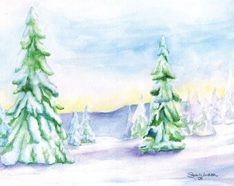 Christmas Watercolor Cards Landscape Trees Set of 10