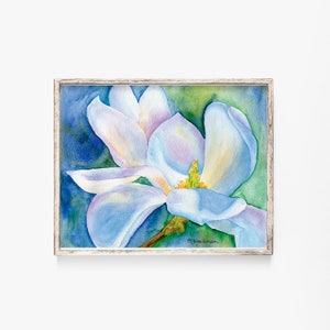 Magnolia Watercolor Print Giclee Reproduction - Floral Painting -  Blue and White Flower UNFRAMED