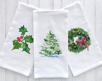 Watercolor Christmas Greenery Flour Sack Tea Towels Set of 3 Hostess Kitchen Gift