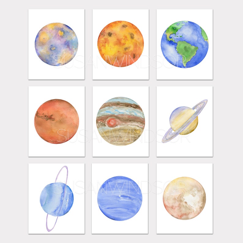 Watercolor Planets Art Prints - Set of 9 - Solar System Artwork ...