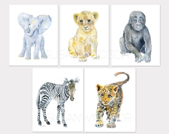 Jungle Animal Watercolor Art Prints - Childrens Room - Set of 5 Elephant - Lion Cub - Gorilla - Zebra - Jaguar Unframed