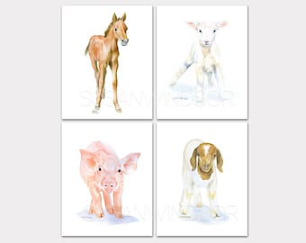 May include: A set of four watercolor paintings featuring baby animals. The paintings depict a brown foal, a white lamb, a pink piglet, and a brown and white goat.