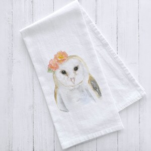 Barn Owl With Flowers Watercolor Flour Sack Tea Towel