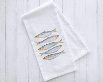 Sardines Watercolor Flour Sack Tea Towel