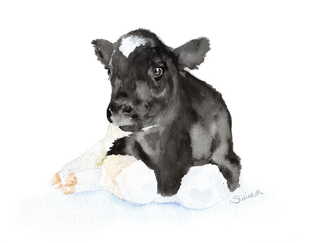 Watercolor Painting Cow Calf 14x11 Fine Art Giclee