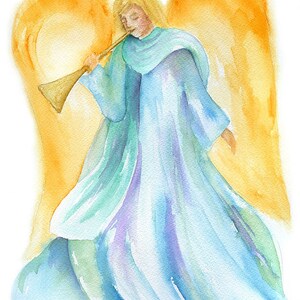 May include: A watercolor painting of an angel with golden wings playing a trumpet. The angel is wearing a light blue robe with purple and green accents. The background is white.