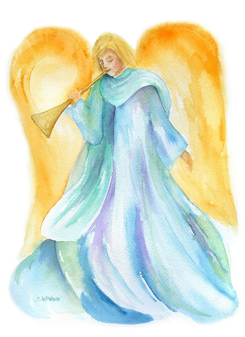 May include: A watercolor painting of an angel with golden wings playing a trumpet. The angel is wearing a light blue robe with purple and green accents. The background is white.