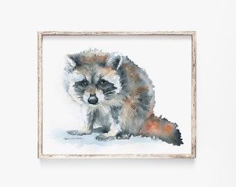 Raccoon Watercolor Painting Giclee Print Nursery Art Woodland Animal Print - LANDSCAPE Orientation Unframed