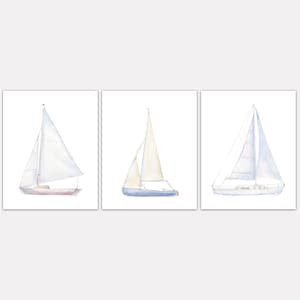 Sailboats Watercolor Art Print Set of 3 Nautical Theme Wall Art Unframed image 1