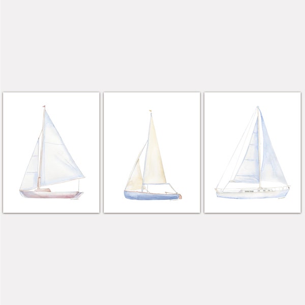 Sailboats Watercolor Art Print Set of 3 Nautical Theme Wall Art Unframed