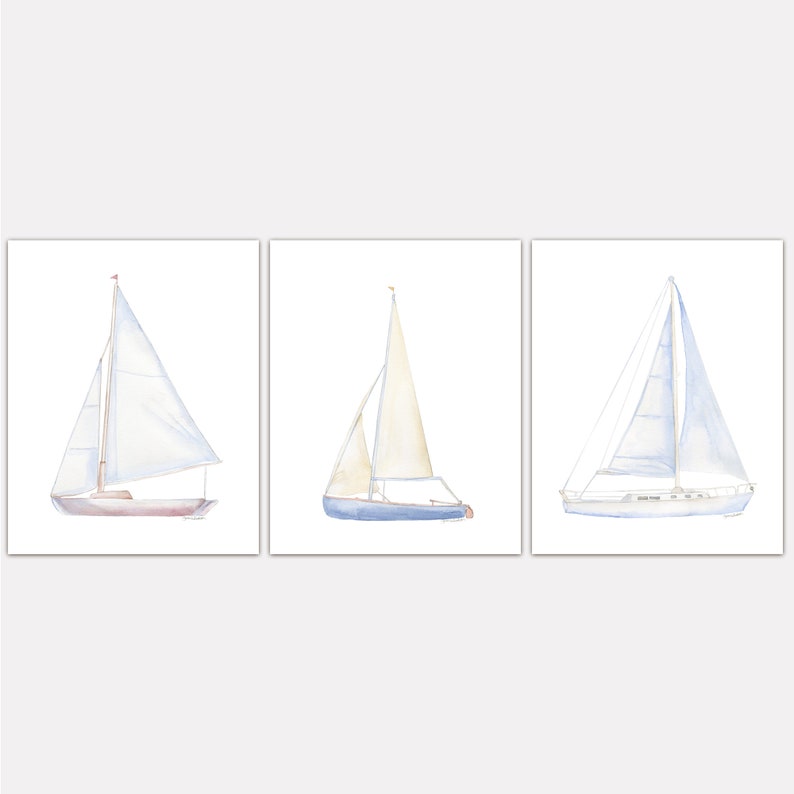 Sailboats Watercolor Art Print Set of 3 Nautical Theme Wall Art Unframed image 1