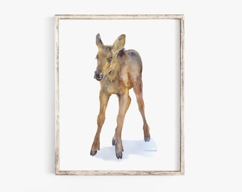 Moose Calf Watercolor Painting Giclee Print - Baby Animal Nursery Art Unframed