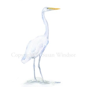 Egret Crane Watercolor Painting White Bird Giclee Print 8 x 10 (8.5 x 11) UNFRAMED
