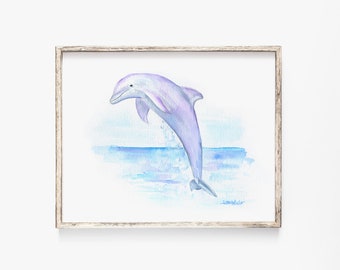 Dolphin Watercolor Painting - 7x5- Giclee Print Reproduction Sea Creature Ocean Animal Art UNFRAMED