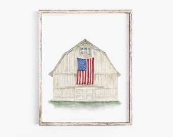 Könnte beinhalten: Ein Aquarellbild einer weißen Scheune mit einer rot-weiß-blauen amerikanischen Flagge, die an der Seite hängt. Die Scheune hat ein einzelnes Fenster und eine Doppeltür.