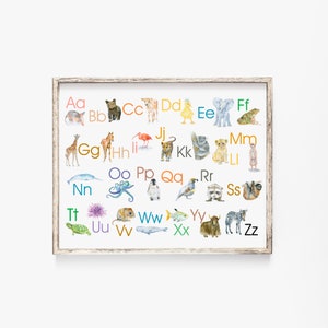 Pôster em aquarela do alfabeto animal - letras maiúsculas e minúsculas SEM QUADRO