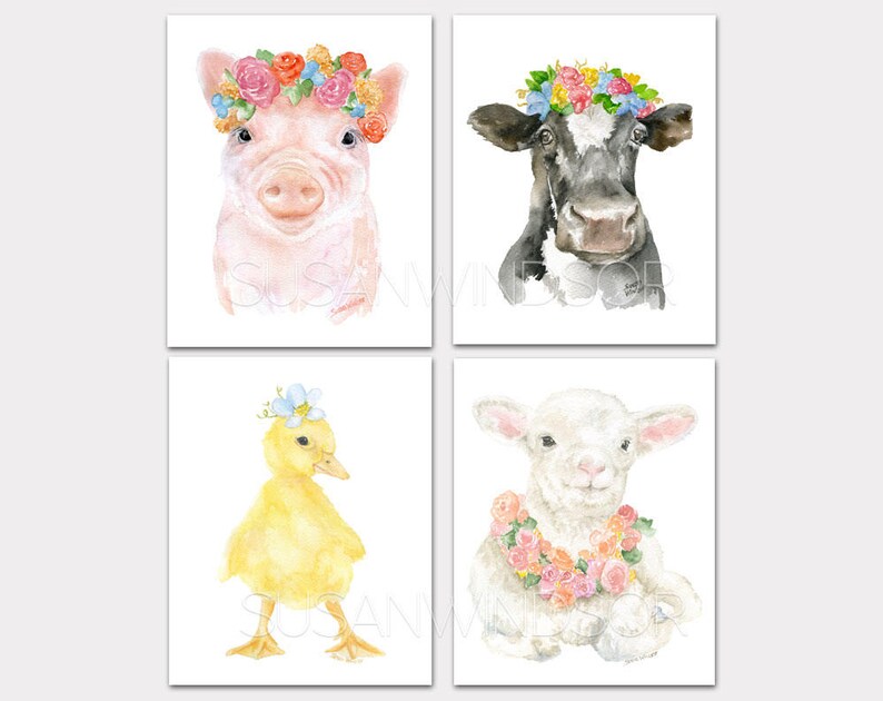 Watercolor Farm Animals With Floral Crowns Art Print Set of 4 Etsy