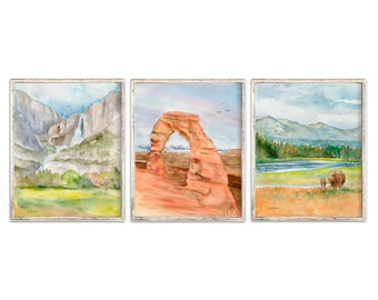 National Parks Landscape Watercolor Art Print Set of 3 Wall Art Unframed