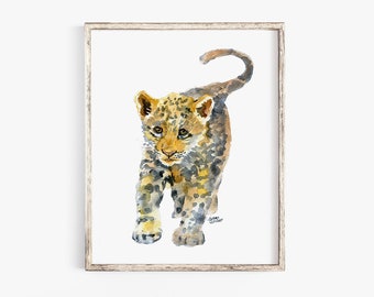 Baby Jaguar Watercolor Large Poster Print - Jungle Animals Theme Artwork UNFRAMED