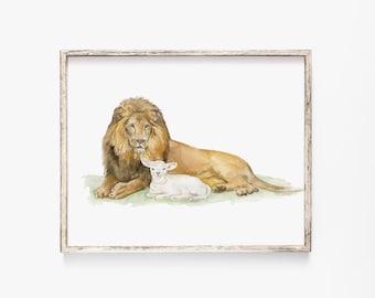 Lion and Lamb Watercolor Painting - Giclee Print Reproduction UNFRAMED