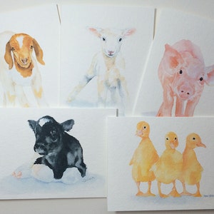 Ensemble de cartes aquarelle animaux de la ferme, cartes de voeux format A7 5 x 7 - bébés animaux