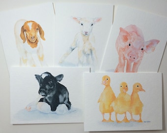 Farm Animals Watercolor Card Set Greeting Cards 5x7 A7 size - Baby Animals