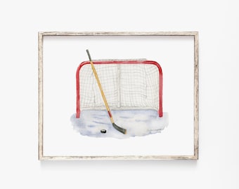 Hockey Watercolor Painting - Giclee Print - Sports Room Nursery Art Man Cave UNFRAMED