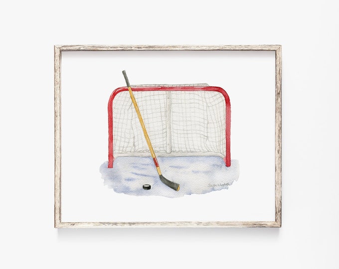 Hockey Watercolor Painting - Giclee Print - Sports Room Nursery Art Man Cave UNFRAMED