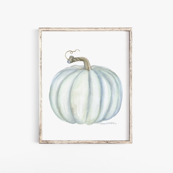 Gray Teal Pumpkin Watercolor Painting Giclee Print Reproduction - Fall Thanskgiving Artwork UNFRAMED