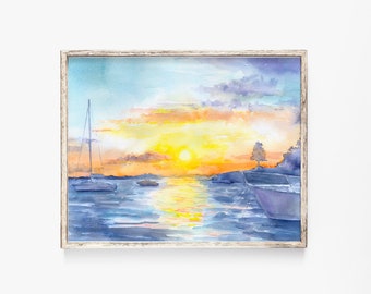 Sunset at the Ocean Watercolor Painting - 10 x 8 / 11 x 8.5 - Giclee Print Reproduction - Abstract Art UNFRAMED