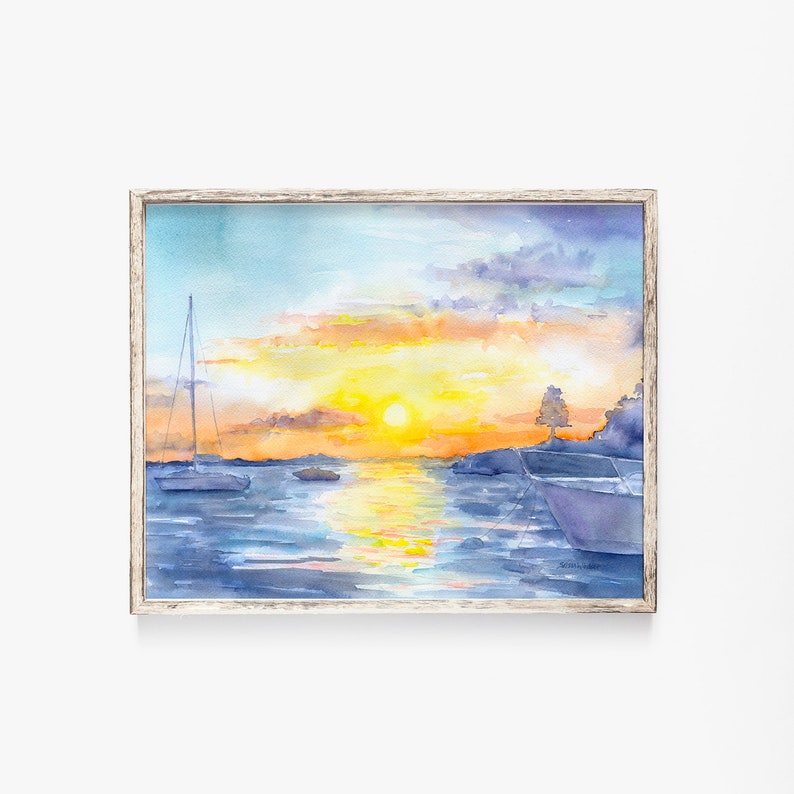 Sunset at the Ocean Watercolor Painting 10 x 8 / 11 x 8.5 Giclee Print Reproduction Abstract Art UNFRAMED image 1