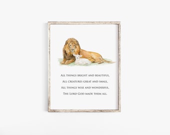 Lion and Lamb Watercolor with All Things Bright and Beautiful Hymn Text - UNFRAMED