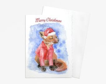 Watercolor Christmas Fox in Red Jacket and Hat - Set of 10 Christmas Cards - Holiday Cards
