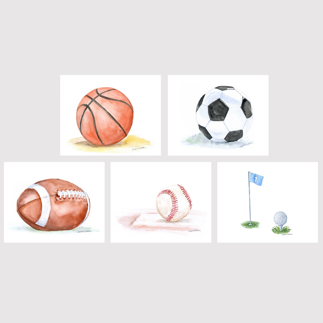 Watercolor Sports Balls Art Prints - Childrens Room Art - Set of 5 ...