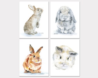 Bunny Rabbit Watercolor Animal Art Prints Nursery Childrens Room Set of 4 Bunnies PORTRAIT-Vertical Orientation Unframed