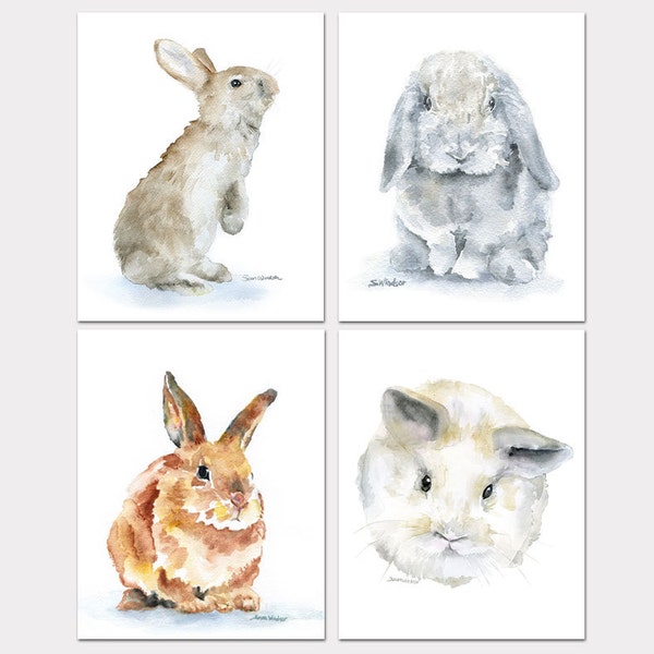 Bunny Rabbit Watercolor Animal Art Prints Nursery Childrens Room Set of 4 Bunnies PORTRAIT-Vertical Orientation Unframed