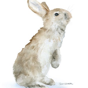 May include: Watercolor painting of a brown rabbit standing on its hind legs with its front paws raised. The rabbit is looking up and has a white background.