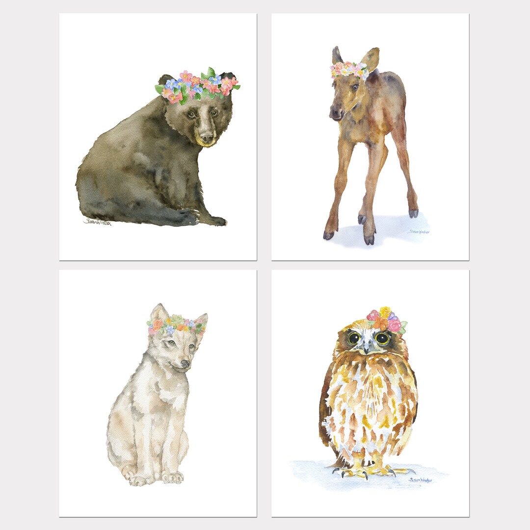 Woodland Animals Floral Watercolor Art Prints Set of 4 - Owl Bear Wolf ...