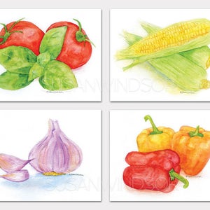 Garden Veggies Art Prints Set of 4 Corn Garlic Peppers Tomatoes Wall Art HORIZONTAL Orientation Unframed