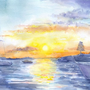 Sunset at the Ocean Watercolor Painting 10 x 8 / 11 x 8.5 Giclee Print Reproduction Abstract Art UNFRAMED image 2