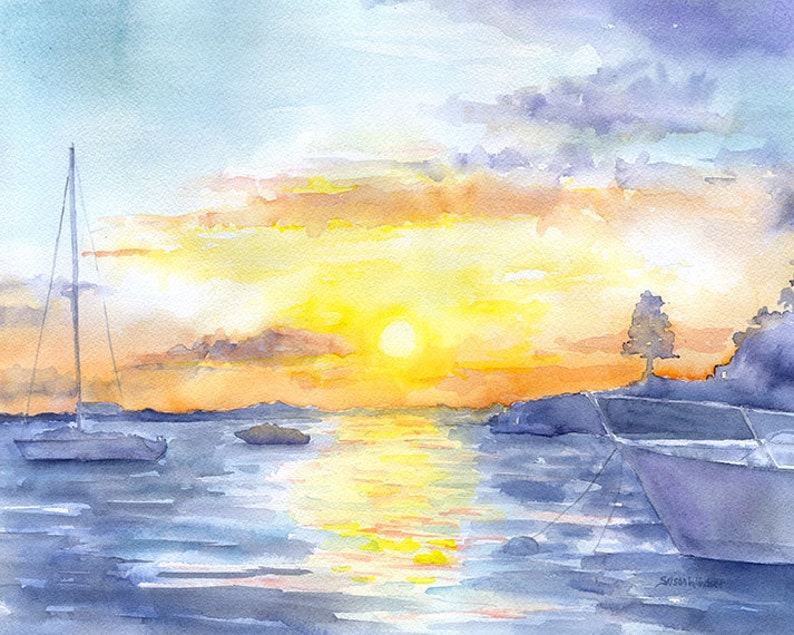 Sunset at the Ocean Watercolor Painting 10 x 8 / 11 x 8.5 Giclee Print Reproduction Abstract Art UNFRAMED image 2