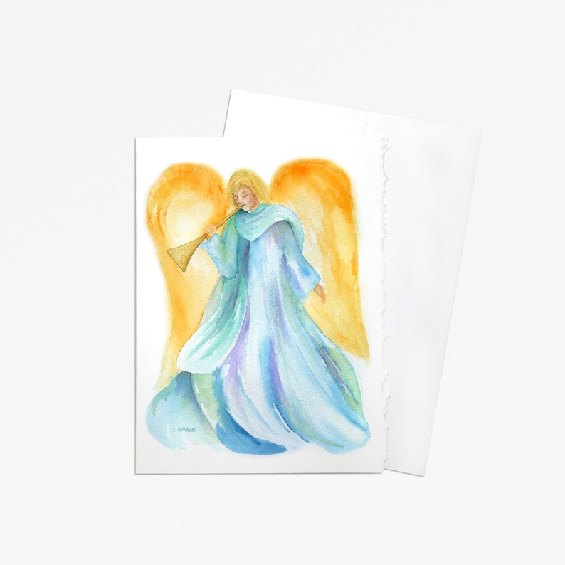 May include: Watercolor painting of an angel with golden wings playing a trumpet. The angel is wearing a flowing blue robe with purple accents.