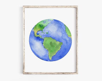 Watercolor Planet Earth Painting Giclee Reproduction UNFRAMED