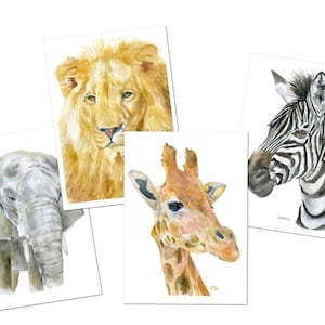 Watercolor African Animal Cards - 5" x 7" - Set of 4 Greeting Cards and Envelopes - Africa Safari Wildlife