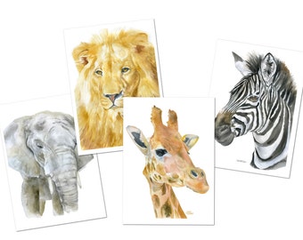 Watercolor African Animal Cards - 5" x 7" - Set of 4 Greeting Cards and Envelopes - Africa Safari Wildlife