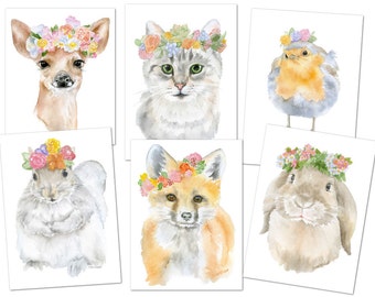 Watercolor Woodland Animal Greeting Cards - Floral Spring - Set of 6 Cards and Envelopes