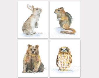 Woodland Watercolor Animal Art Prints Nursery Childrens Room Set of 4 - Rabbit, Chipmunk, Bear, Owl PORTRAIT-Vertical Orientation Unframed